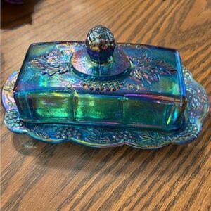Iridescent Carnival Glass Covered Butter Dish - Blue & Green